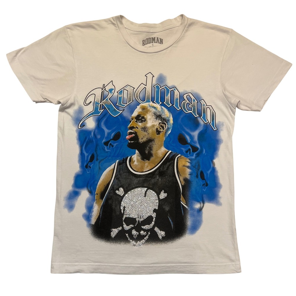 Dennis Rodman Rhinestone Skull White Blue‎ Basketball Graphic Tee T Shirt Size S